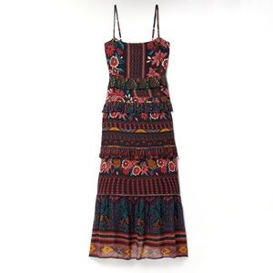 Farm Rio Maxi Spaghetti Strap Boho Dark Fairy Dress Ruffles in Fruit Paradise XS